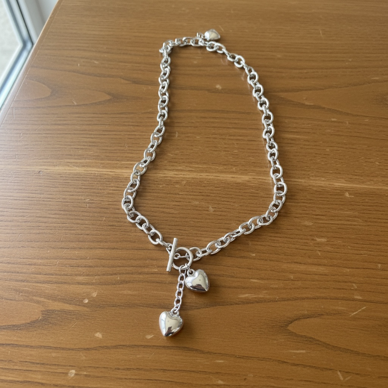 Collier Double Cœur Argenté Acier Inoxydable