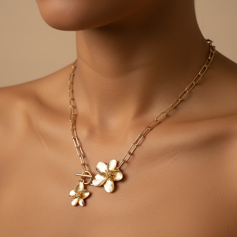 Collier Double Fleur Dorée en Acier Inoxydable