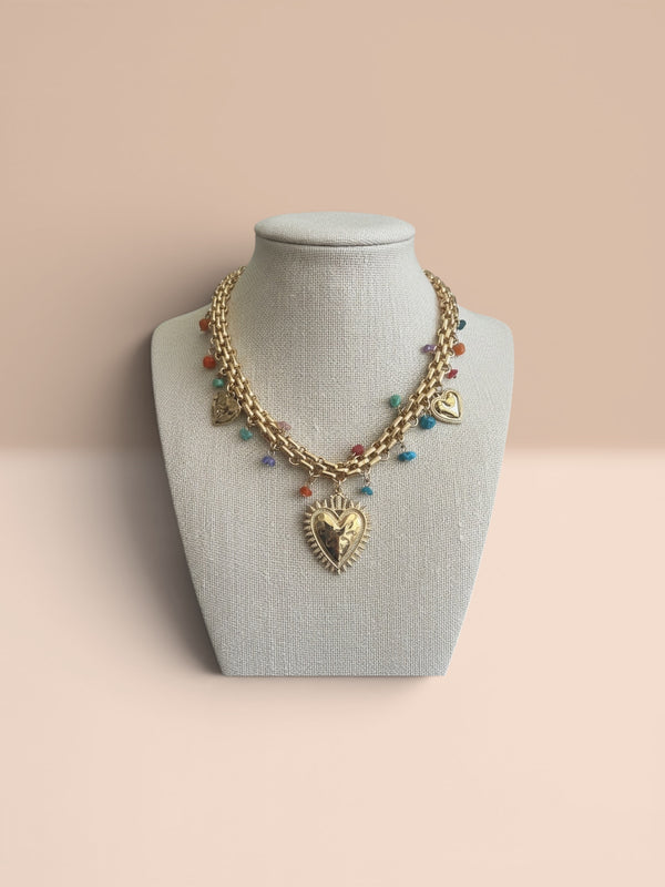 Collier Doré Cœur et Perles Colorées en Acier Inoxydable