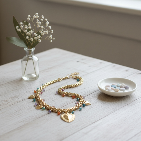 Collier Doré Cœur et Perles Colorées en Acier Inoxydable