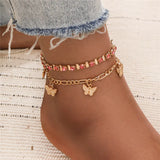 Ensemble de Bracelets de Cheville Multicouches 7 pièces – Papillon & Cœur Vintage Doré