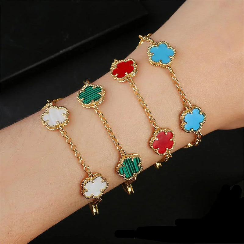 🌿 Bracelet Fleur 5 Feuilles – Agate, Malachite & Coquille Pierre Naturelle