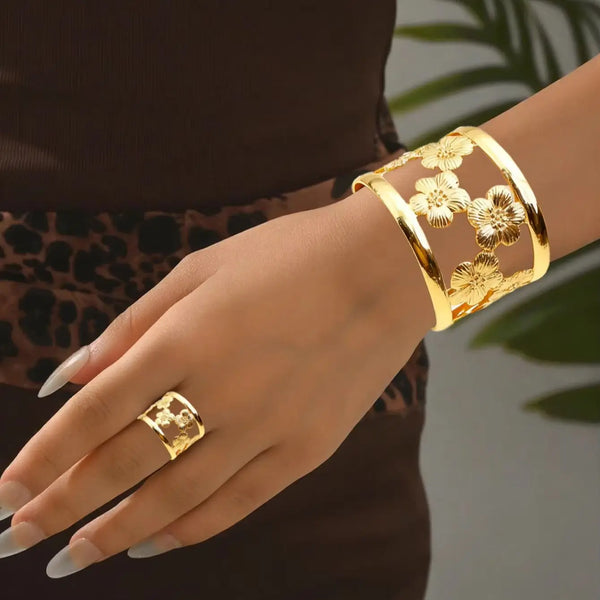 🌸 Ensemble Bracelet & Bague Ajustables Floraux – Élégance Haut de Gamme ✨