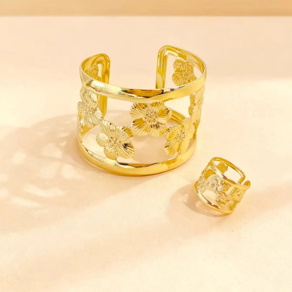 🌸 Ensemble Bracelet & Bague Ajustables Floraux – Élégance Haut de Gamme ✨