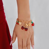 🍒 Bracelet Plaqué Or Femme – Design Cerises, Zircon Cœur & Perle Fraise Rouge