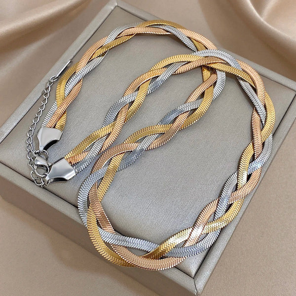 ✨ Ensemble de Bijoux Chic Femme – Tissage Torsadé 3 Couleurs & Chaîne Serpent
