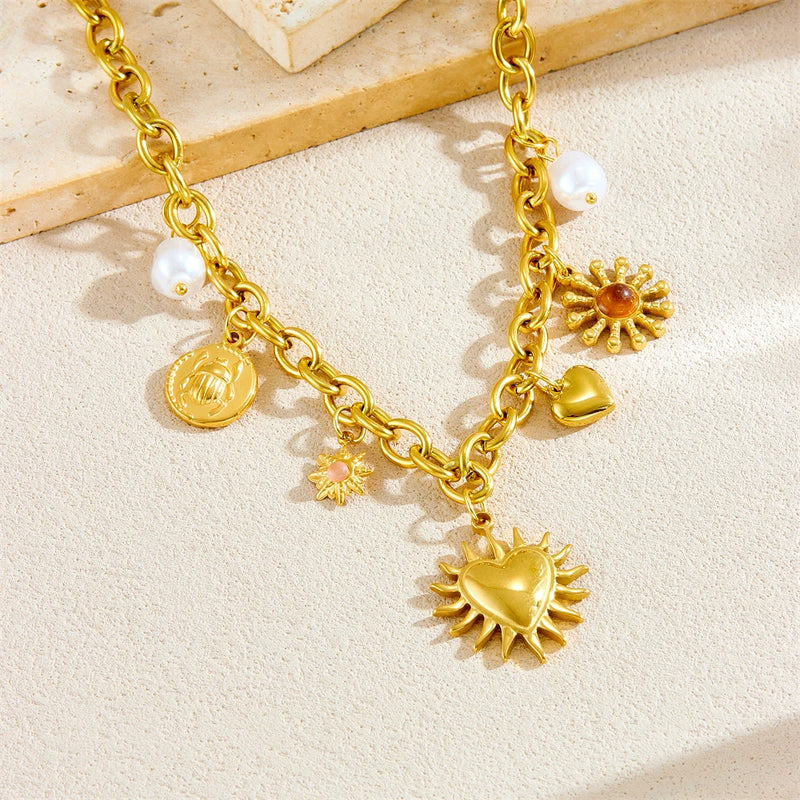 💛 Collier en Acier Inoxydable Doré – Cœur & Soleil Été