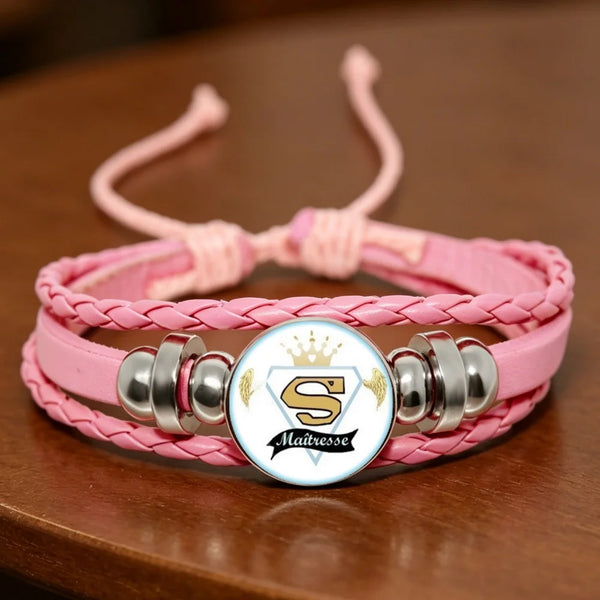 ✨ Bracelet en Cuir Rose pour  Maîtresse ou atsem  Cabochon en Verre 💖