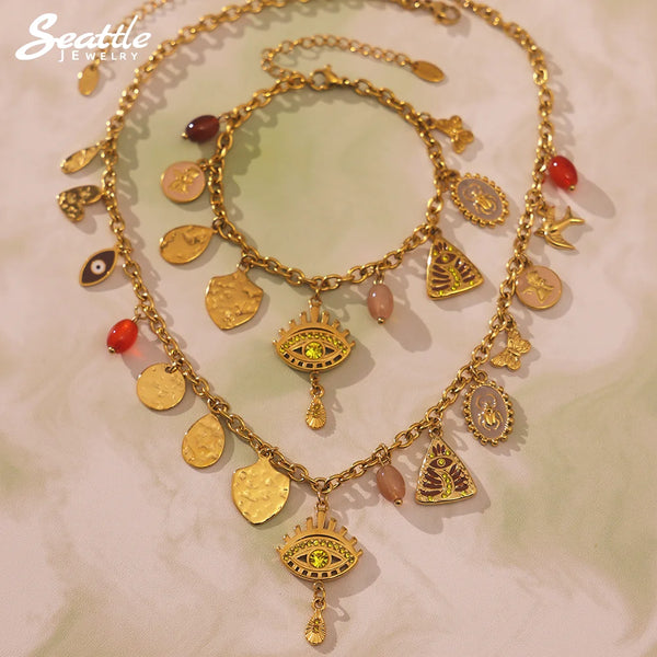 🌸 Ensemble Bijoux Bohème Femme – Collier Zircon & Bracelets Acier Inoxydable 💎