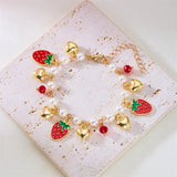 🍒 Bracelet Plaqué Or Femme – Design Cerises, Zircon Cœur & Perle Fraise Rouge