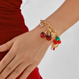 🍒 Bracelet Plaqué Or Femme – Design Cerises, Zircon Cœur & Perle Fraise Rouge