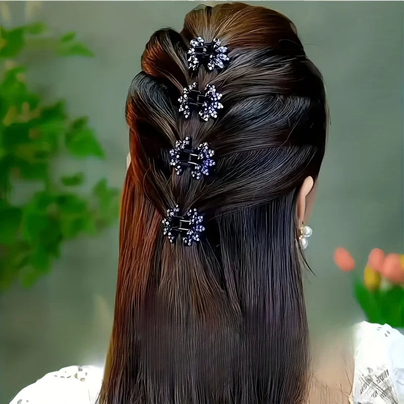 🌸 Pinces à Cheveux Mini Fleurs & Diamants 💎 – Lot de 4 Accessoires Élégants pour Chignon Femme 👑✨