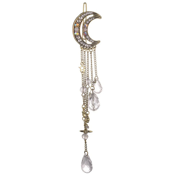 🌙 Pince à Cheveux Lune en Cristal ✨ – Or, Argent & Or Rose 💎 | Épingle avec Pompon pour Cheveux Longs 💖