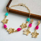 🌸 Ensemble de Colliers Vintage Floraux en Acrylique – Perles Roses & Turquoise ✨