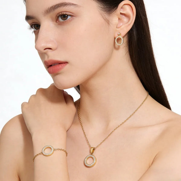 💛 Ensemble Bijoux Chic Femme – Zircon Incrusté & Acier Inoxydable