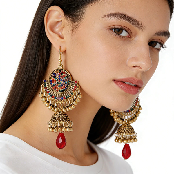 💎 Boucles d’Oreilles Cristal Coloré Vintage – Cloche Sculptée Dorée Luxe Bohème ✨