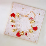 🍒 Bracelet Plaqué Or Femme – Design Cerises, Zircon Cœur & Perle Fraise Rouge