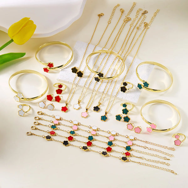 🌸 Ensemble Bijoux Femme 5 Pièces – Fleurs de Prunier Émaillées Colorées