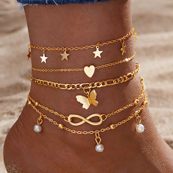 🦋 Ensemble de Bracelets de Cheville Papillon Vintage – Couleur Or