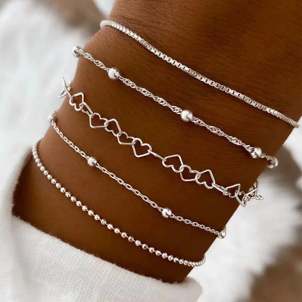 ✨ Ensemble Bijoux Femme Minimaliste – 5 Bracelets Perles Creuses & Collier Superposé