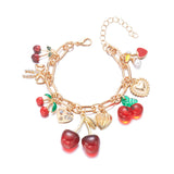 🍒 Bracelet Plaqué Or Femme – Design Cerises, Zircon Cœur & Perle Fraise Rouge