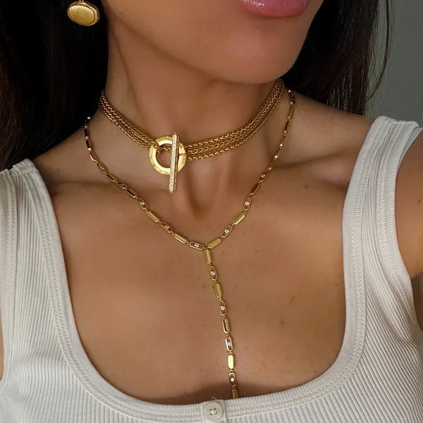 ✨ Collier Ras du Cou en Y Femme – Breloques Géométriques Zircon Micro-Pavé