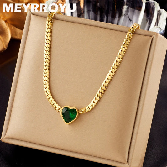 ✨ Collier Femme en Acier Inoxydable  – Pendentif Zircon Vert & Blanc