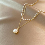 ✨ Ensemble Collier Multicouche à Grandes Perles Blanches – Style Rétro Chic 💎 Acier Titane Plaqué Or 18K pour Femme 👑