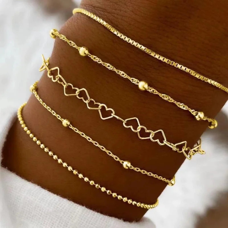 ✨ Ensemble Bijoux Femme Minimaliste – 5 Bracelets Perles Creuses & Collier Superposé