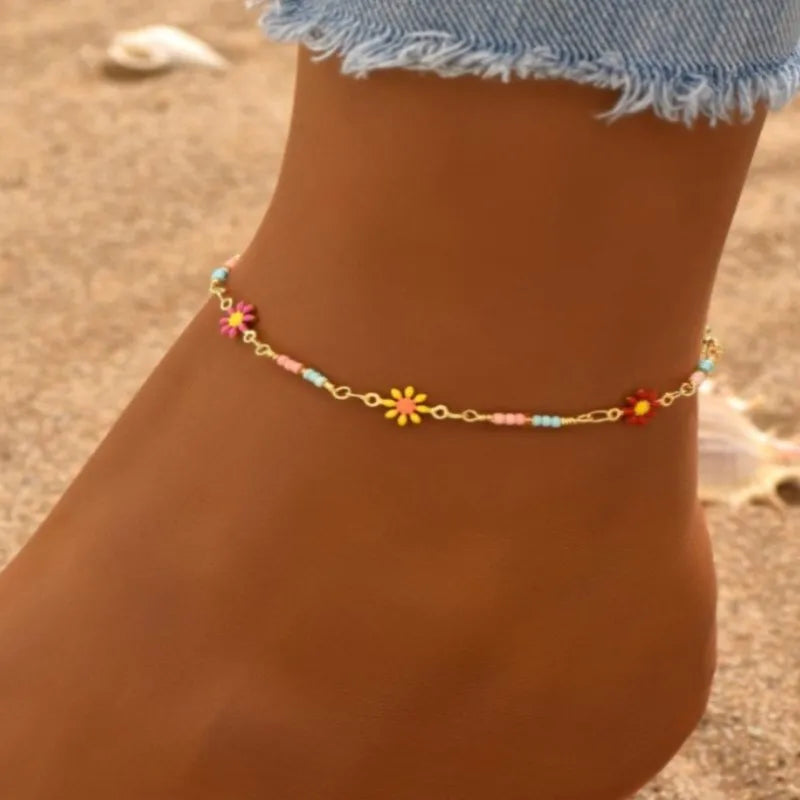 Nouvelle mode chrysanthème marguerite chaîne cheville pour femmes été Boho Chic marguerite perlée pied chaîne fête Vocation bijoux cadeaux