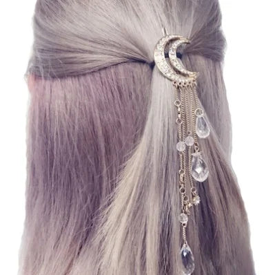 🌙 Pince à Cheveux Lune en Cristal ✨ – Or, Argent & Or Rose 💎 | Épingle avec Pompon pour Cheveux Longs 💖