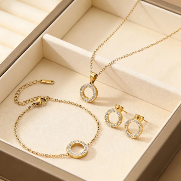 💛 Ensemble Bijoux Chic Femme – Zircon Incrusté & Acier Inoxydable