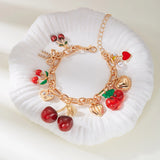 🍒 Bracelet Plaqué Or Femme – Design Cerises, Zircon Cœur & Perle Fraise Rouge