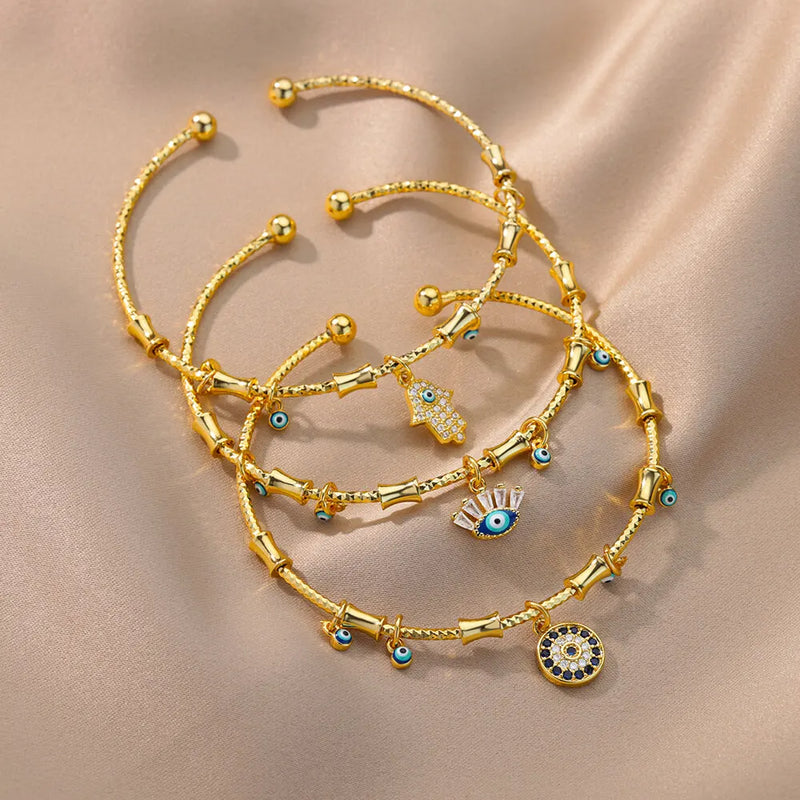 🧿 Bracelet Mauvais Œil pour Femme – Ensemble Luxe en Acier Inoxydable & Zircon ✨