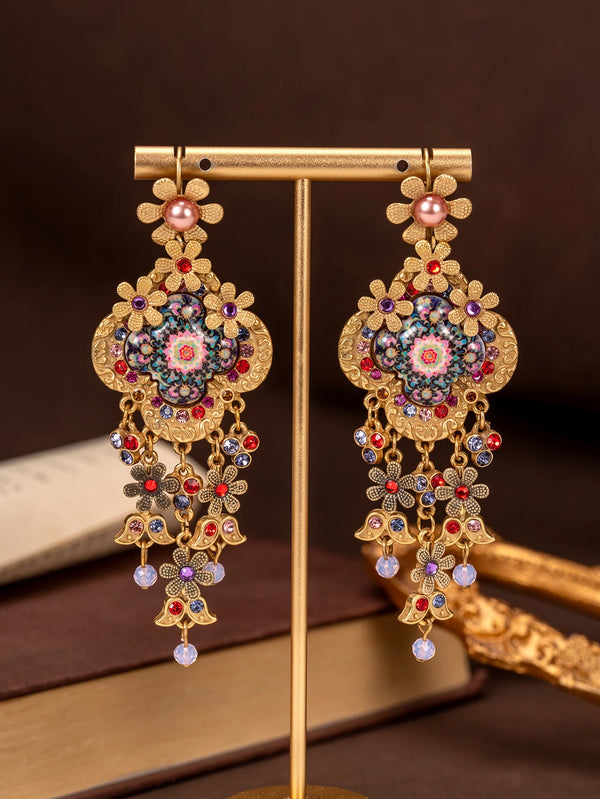 🌸 Boucles d’Oreilles Pendantes Florales Vintage – Élégance Colorée & Strass ✨
