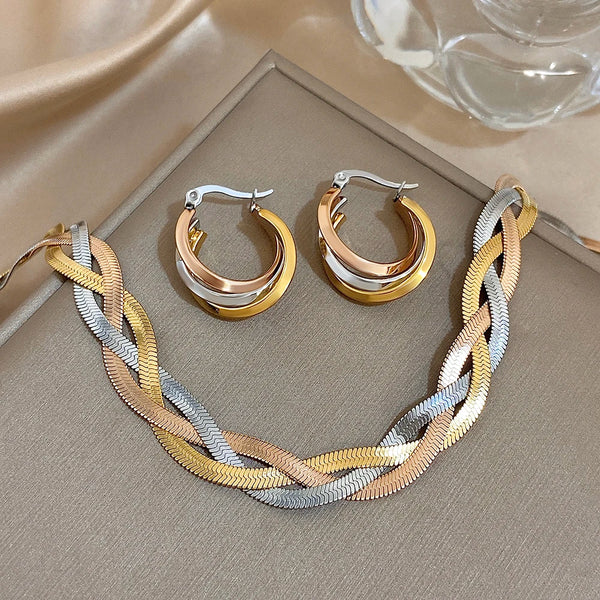 ✨ Ensemble de Bijoux Chic Femme – Tissage Torsadé 3 Couleurs & Chaîne Serpent