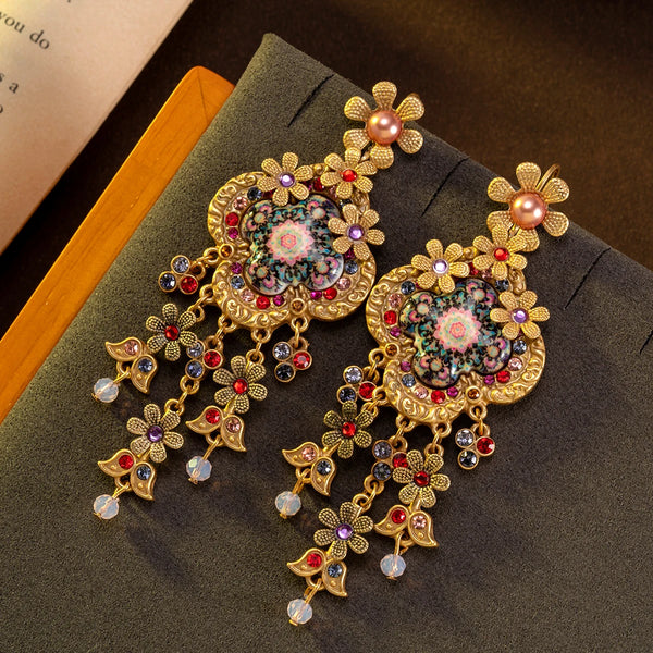 🌸 Boucles d’Oreilles Pendantes Florales Vintage – Élégance Colorée & Strass ✨