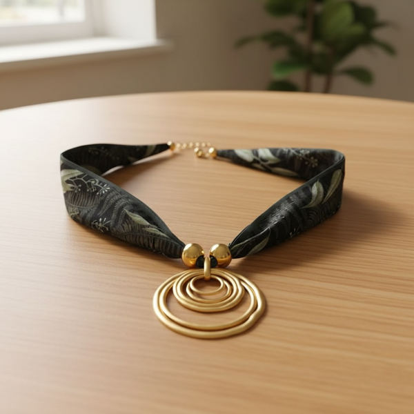 Magnifique collier en tissu avec pendentif doré en acier inoxydable